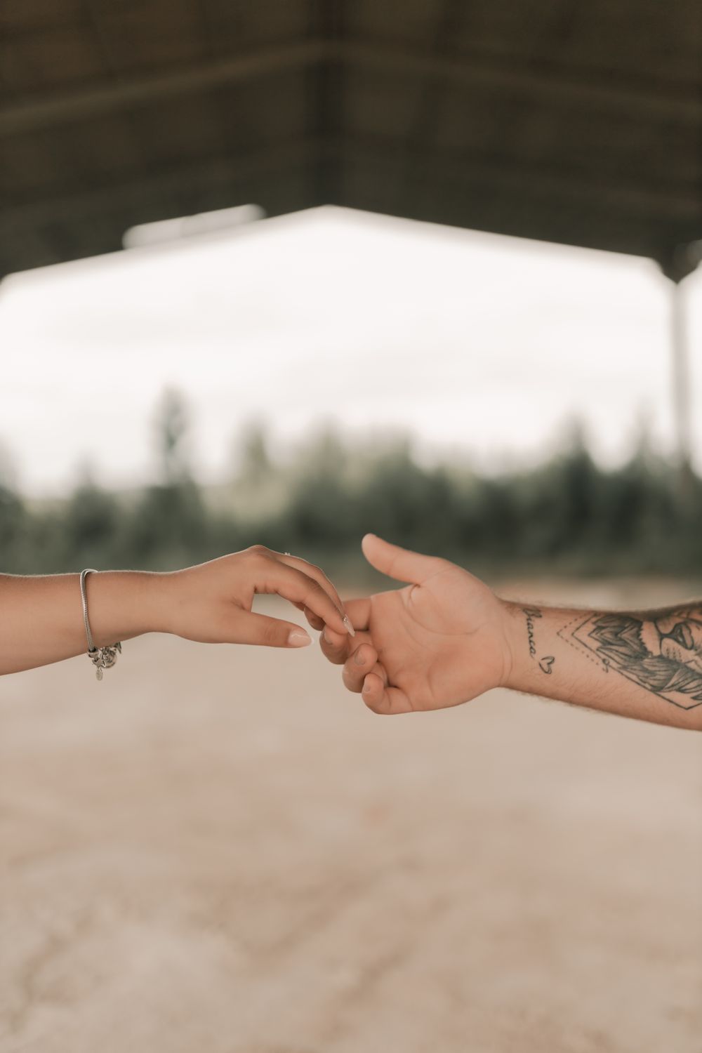 Close-up of two hands reaching out in an intimate, artistic gesture.