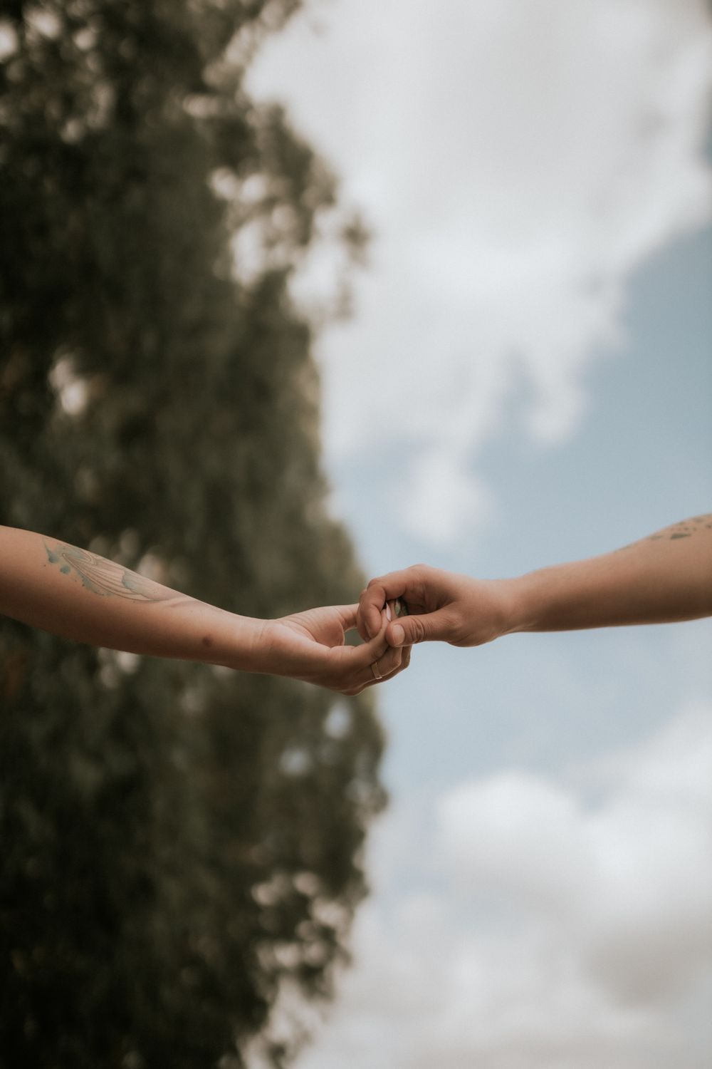 A close-up of two hands reaching out amidst a natural outdoor backdrop with blue skies.